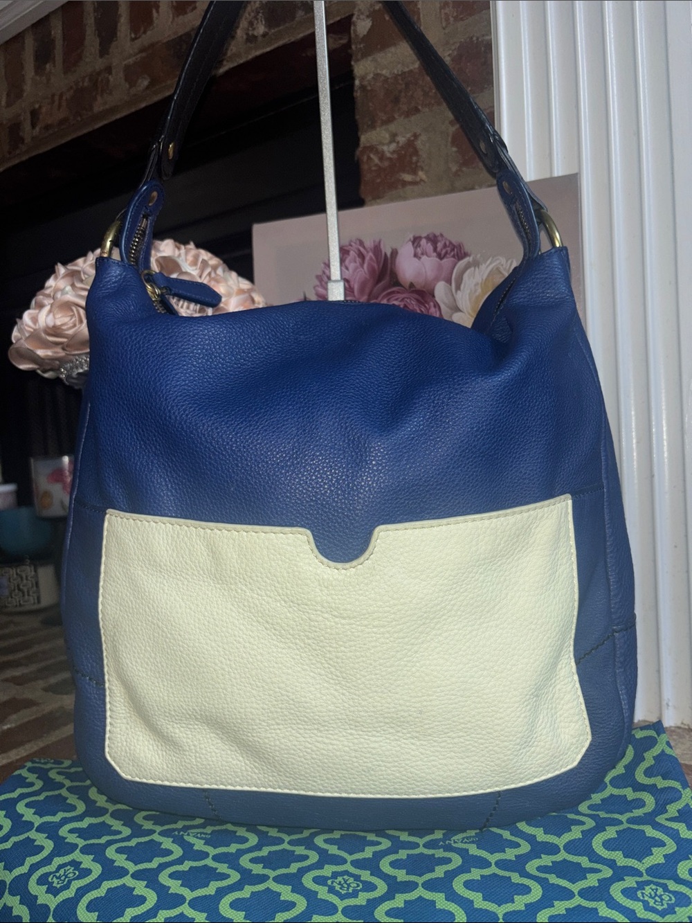 OrYANY Blue and Cream Two-Tone Leather Shoulder Bag